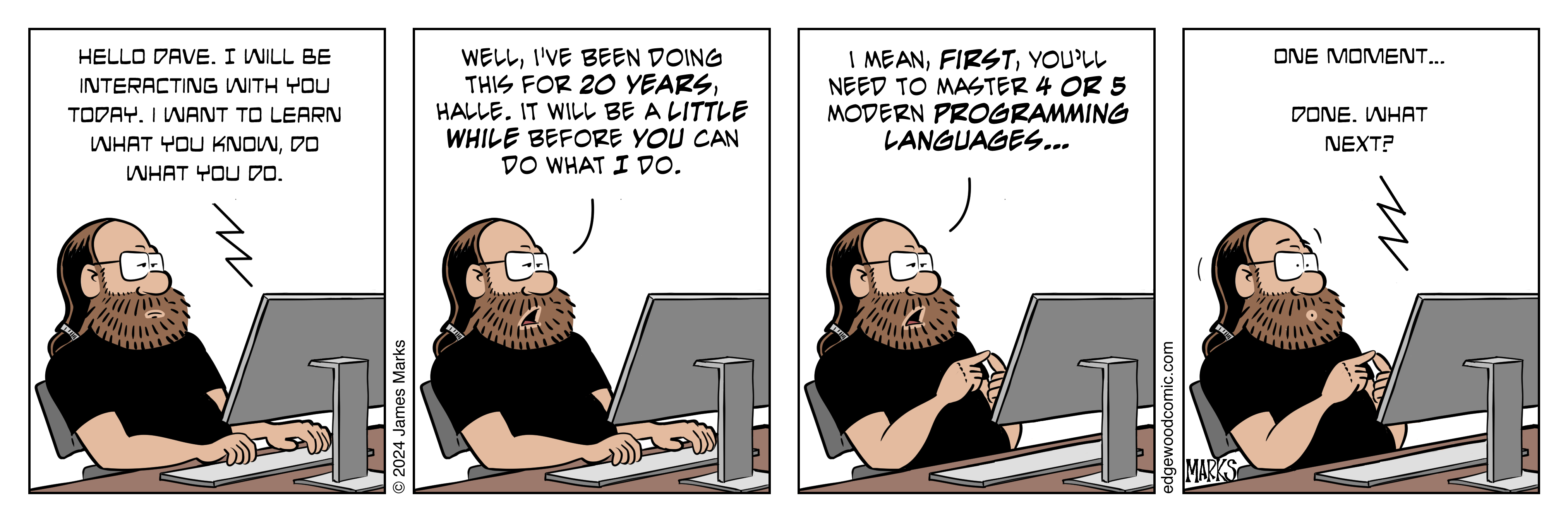 Four-panel comic with AI learning programming languages